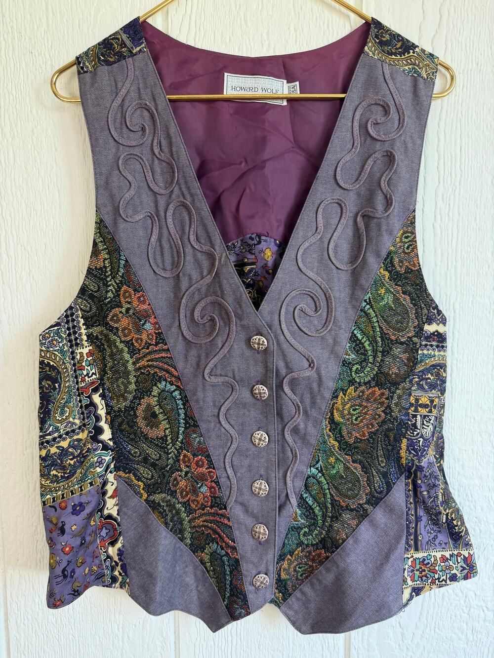 Vintage 90s Howard Wolf Patchwork Tapestry Vest Purple Boho USA Made Size 12
